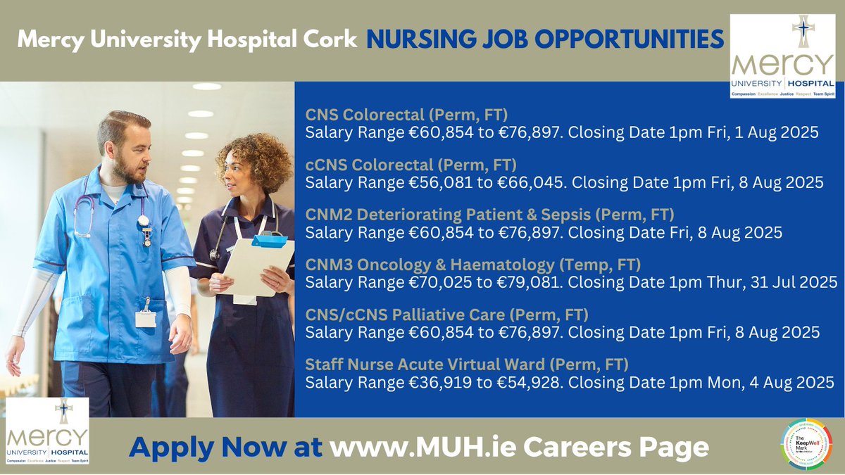 DeeORiordan8's tweet image. 🚀#Nurses! @Mercycork Career Opportunities!

✔ #CNS #Colorectal
✔ #cCNS #Colorectal 
✔ #CNM2 Deteriorating Patient &amp;amp; #Sepsis
✔ #CNM3 #Oncology &amp;amp; #Haematology 
✔ #CNS/cCNS #Palliative Care 
✔ #StaffNurse #AcuteVirtualWard 

Go To careers.muh.ie/open-positions…

#HSEJobs #NMBI