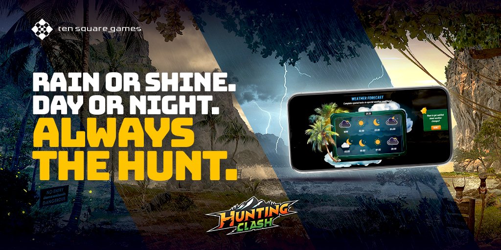 🌦️ Day or night. Rain or shine.
🌴 Thailand’s wild just got wilder in #HuntingClash
Hunt in 4 dynamic conditions: ☀️🌧️🌙🌞
Starting July 25 - our most immersive update yet.
Details here 👉 bit.ly/4f5I9D7

#TenSquareGames #HuntingClash
