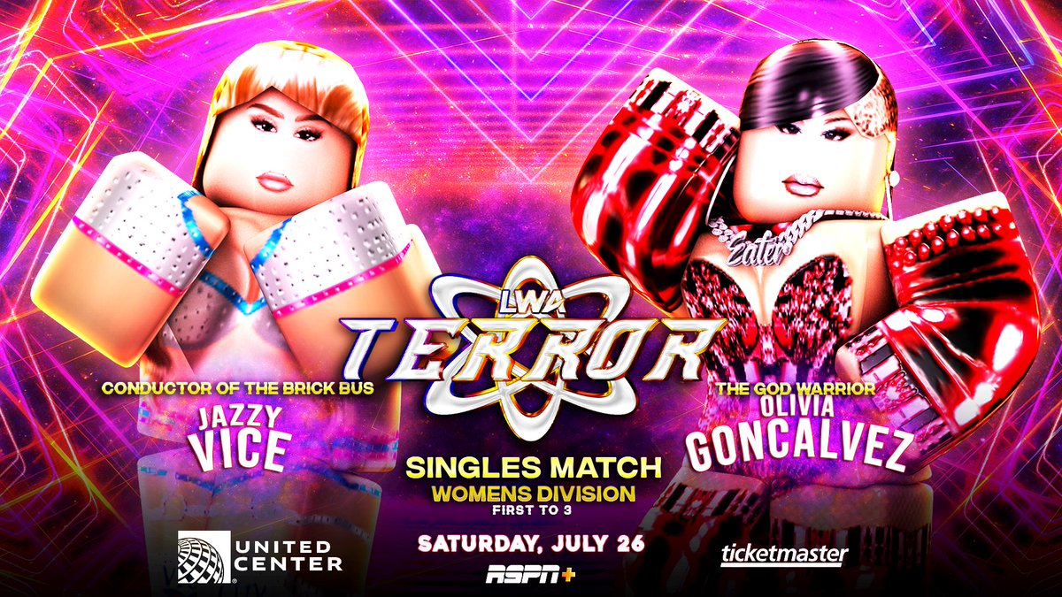 #LWATerror
LIVE, 4/3c from the United Center!
THIS SATURDAY!

LATINA HEAT vs. THE GOD WARRIOR!

After attacking <a href="/WeBowToOlivia/">Olivia G</a>'s Faith Militant in her OWN church, Olivia promises revenge on #JazzyVice LIVE on Terror in a singles match!