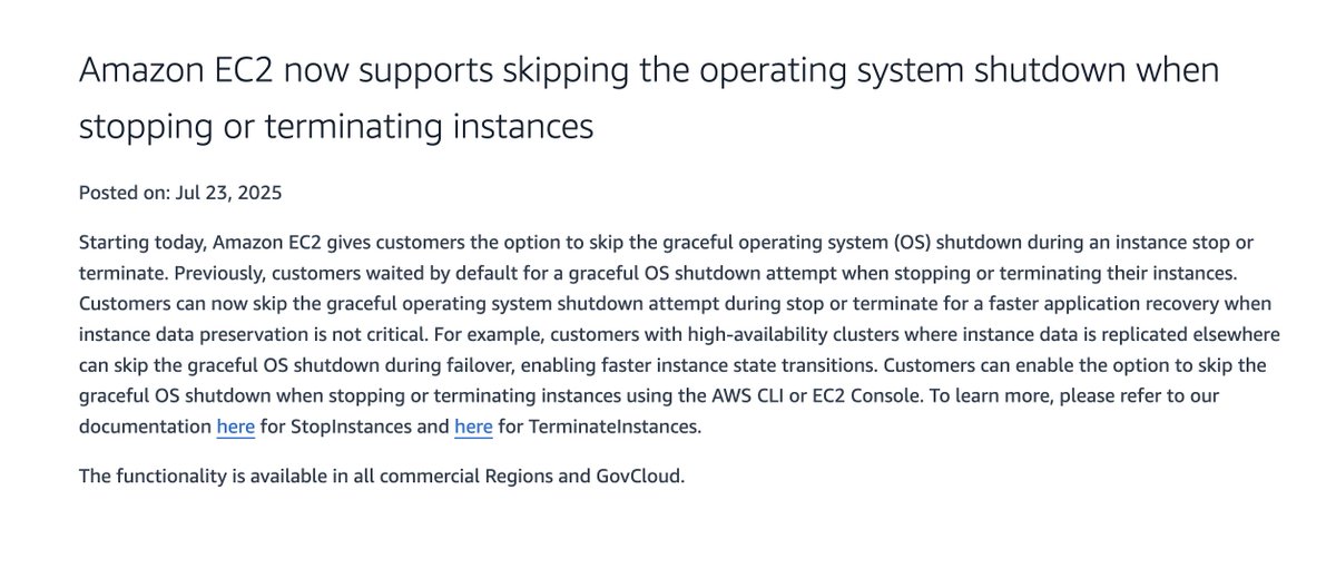 huh, interesting

Amazon EC2 now supports skipping the operating system shutdown when stopping or terminating instances
aws.amazon.com/about-aws/what…