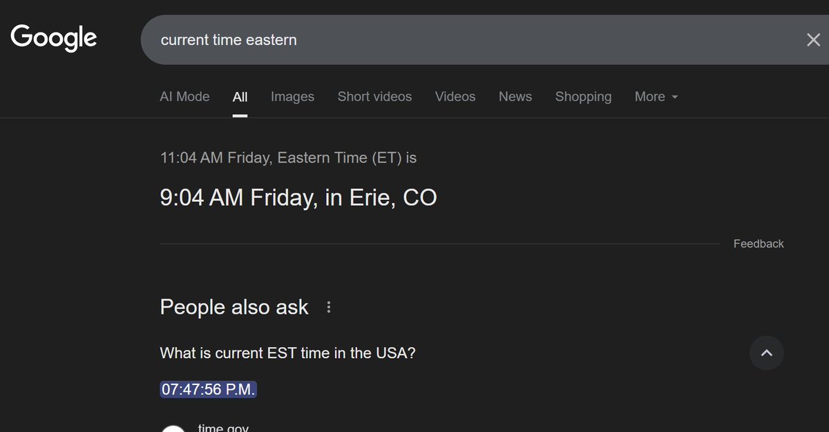Jonathan_Blow's tweet photo. Google is just crazy these days. Here is a search result from right now, 11:04am Mountain time in Colorado, 1:04pm Eastern time. The first two outputs are two totally different totally wrong results. https://t.co/LiJU48zHO1