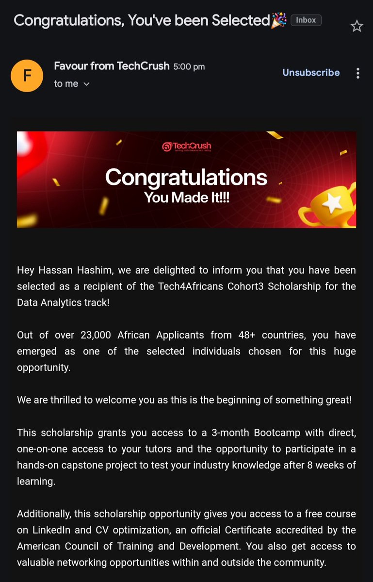Hassan_Hashim_'s tweet image. So happy to share that i have been selected for the TECH4AFRICANS SCHOLARSHIP (Cohort 3) by @TechCrushHQ out of over 23,000 African Applicants from 48+ countries. I will be learning Data Analysis, a tech skill i am very passionate about.

Thank you @TechCrushHQ for d opportunity.