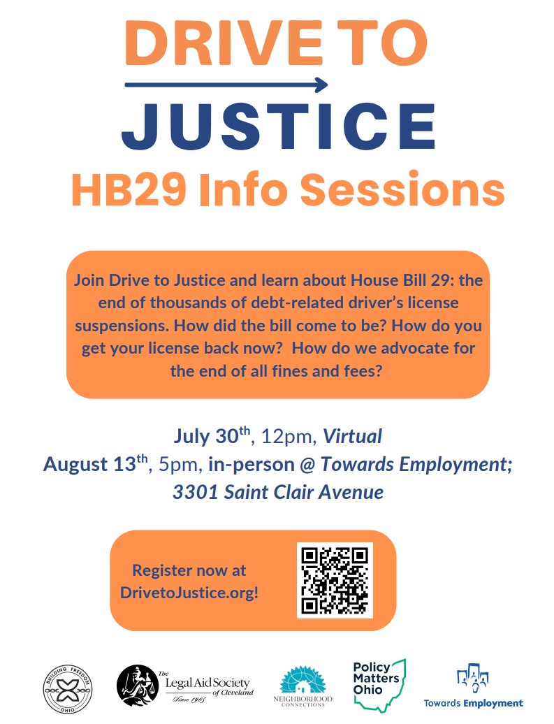 LegalAidCLE's tweet image. HB29 passed, but now what? Register for an Info Session to learn more: loom.ly/vqXX3uU
Info Sessions will cover the impact of driver’s license suspensions on people, what's to come, and help people understand how to get their licenses back.