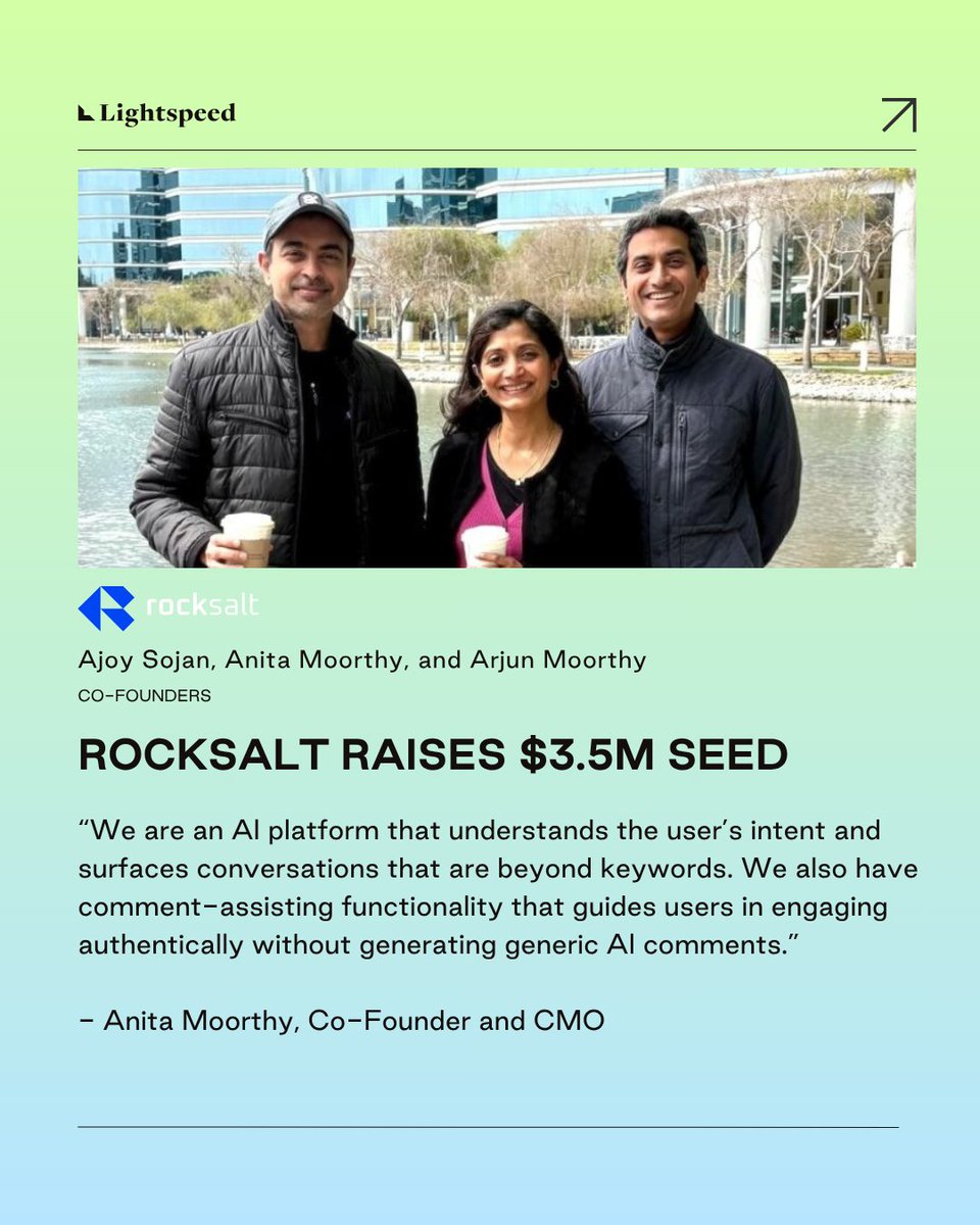 Lightspeed (@lightspeedvp) on Twitter photo → <a href="/RocksaltAI/">Rocksalt AI</a>, an agentic AI platform that aims to help B2B companies establish credibility in relevant professional online communities. Cc: Co-Founders <a href="/aj0y/">Ajoy Sojan</a>, @AnitaMoorthy, and <a href="/juicemoorthy/">Arjun Moorthy</a> → <a href="/RocksaltAI/">Rocksalt AI</a>, an agentic AI platform that aims to help B2B companies establish credibility in relevant professional online communities. Cc: Co-Founders <a href="/aj0y/">Ajoy Sojan</a>, @AnitaMoorthy, and <a href="/juicemoorthy/">Arjun Moorthy</a>
