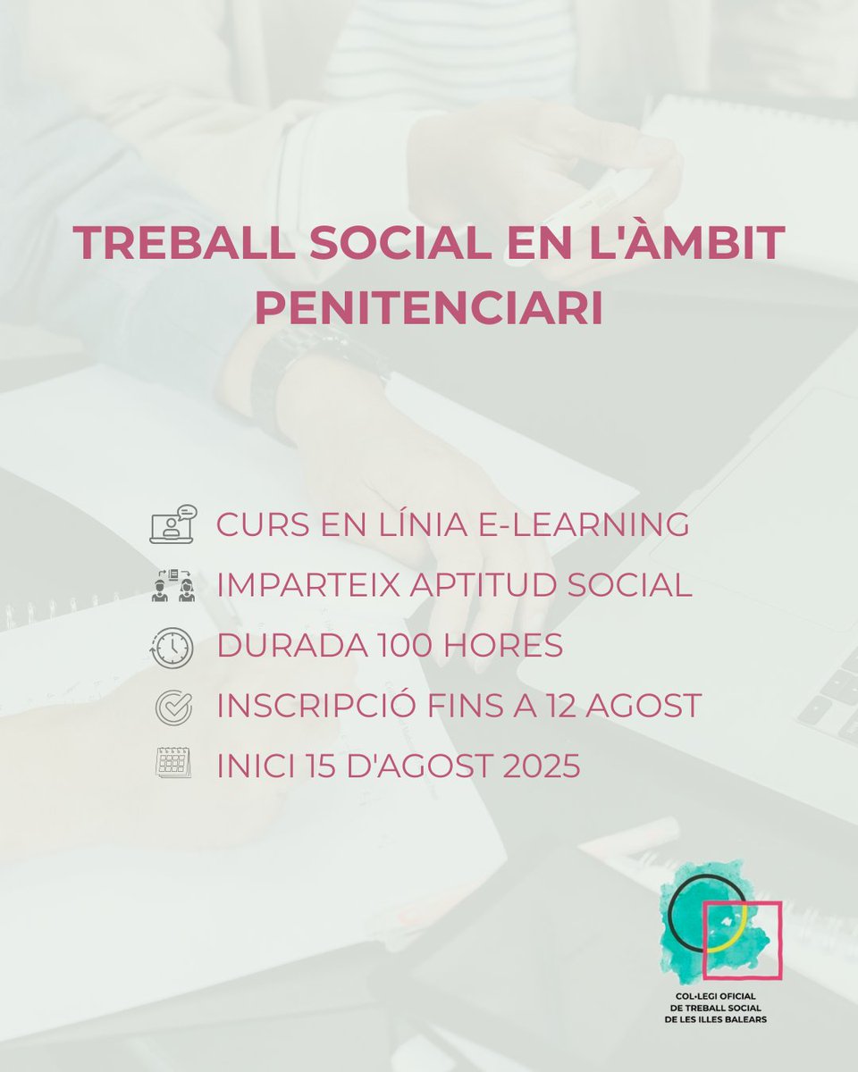 Aquest agost, el COTSIB i Aptitud Social et proposen dues noves formacions per aprofundir en àmbits clau de la pràctica professional. 

👉 Treball Social a l’àmbit penitenciari . 
👉 Plans d’Igualtat .

💡 Continua formant-te aquest estiu al teu ritme i des d’on vulguis.