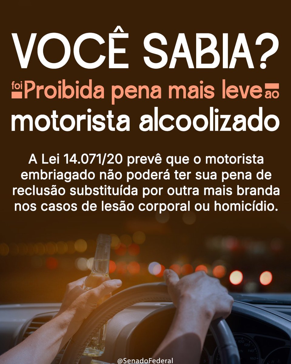 SenadoFederal's tweet image. Isto significa que motoristas embriagados que matarem ou ferirem outras pessoas no trânsito deverão ser punidos com mais rigor. É o que diz a Lei 14.071/2020.