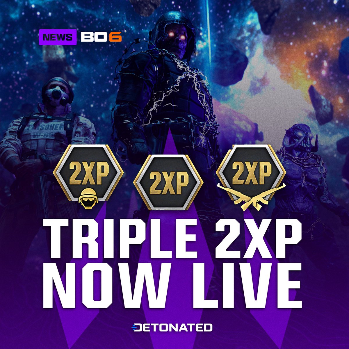 DETONATEDcom's tweet image. #BlackOps6: TRIPLE 2XP Weekend is now LIVE!
💥 Enjoy Double Player, Weapon, and Battlepass XP until July 28th — get ready for Season 5!
