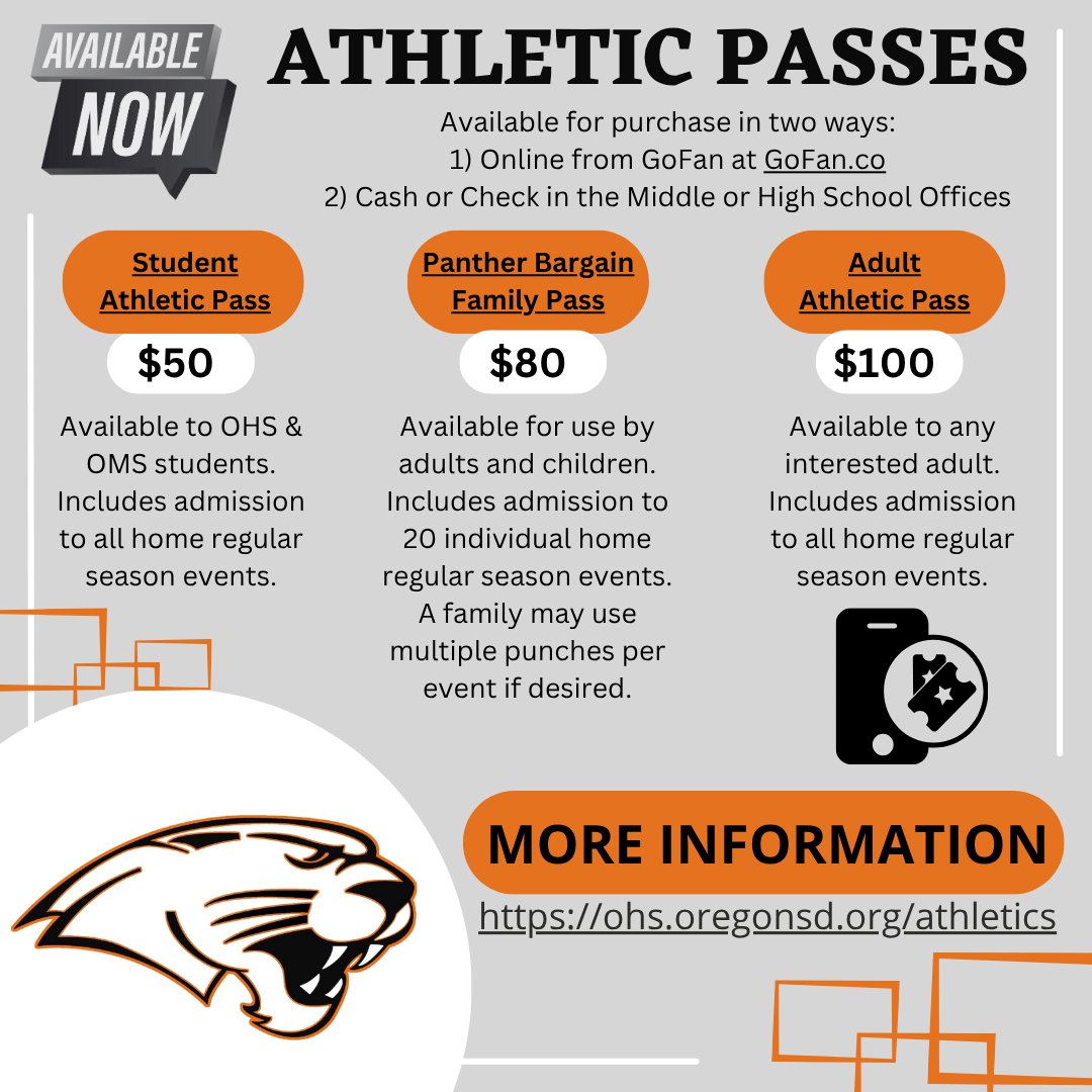 OregonPanthers's tweet image. Athletic passes for the 25-26 school year are now available for purchase. Athletic passes are a convenient money saver for those who attend many events at OHS. More information is available at - ohs.oregonsd.org/athletics 🧡🖤