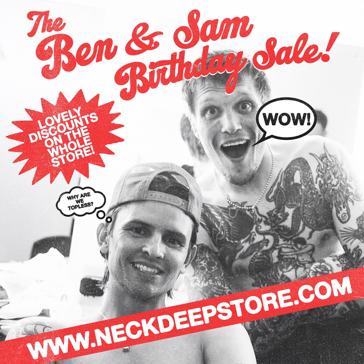 NeckDeepUK's tweet image. Incase you missed it we are still having a sale over on our webstore to celebrate Ben and Sam’s birthday week. Shop now for 30% off at the checkout!

neckdeepstore.com