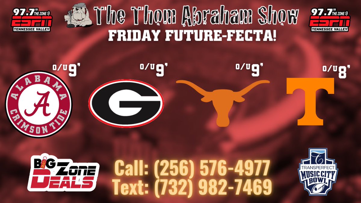 977ESPN's tweet image. The Friday Future-Fecta is back on The @thomabrahamshow today! Call in and let us know how you think these big dawg teams will fare in 2025 for a chance at Big Zone Deals and tickets to the @MusicCityBowl!