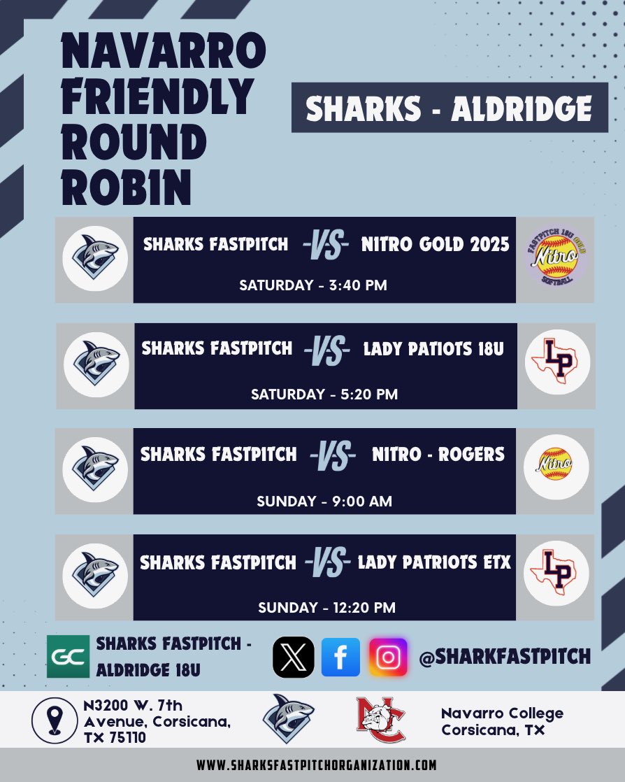 sharksfastpitch's tweet photo. Sharks Fastpitch – Aldridge 18U is headed to the Navarro Round Robin this weekend! 🥎🔥

We’ve been putting in the work, and we’re ready to compete. Game times below! Come out and support if you’re nearby! Let’s go, Sharks! 💙🦈
#FinsUp #AlwaysMovingFoward https://t.co/aSqnPHem0c