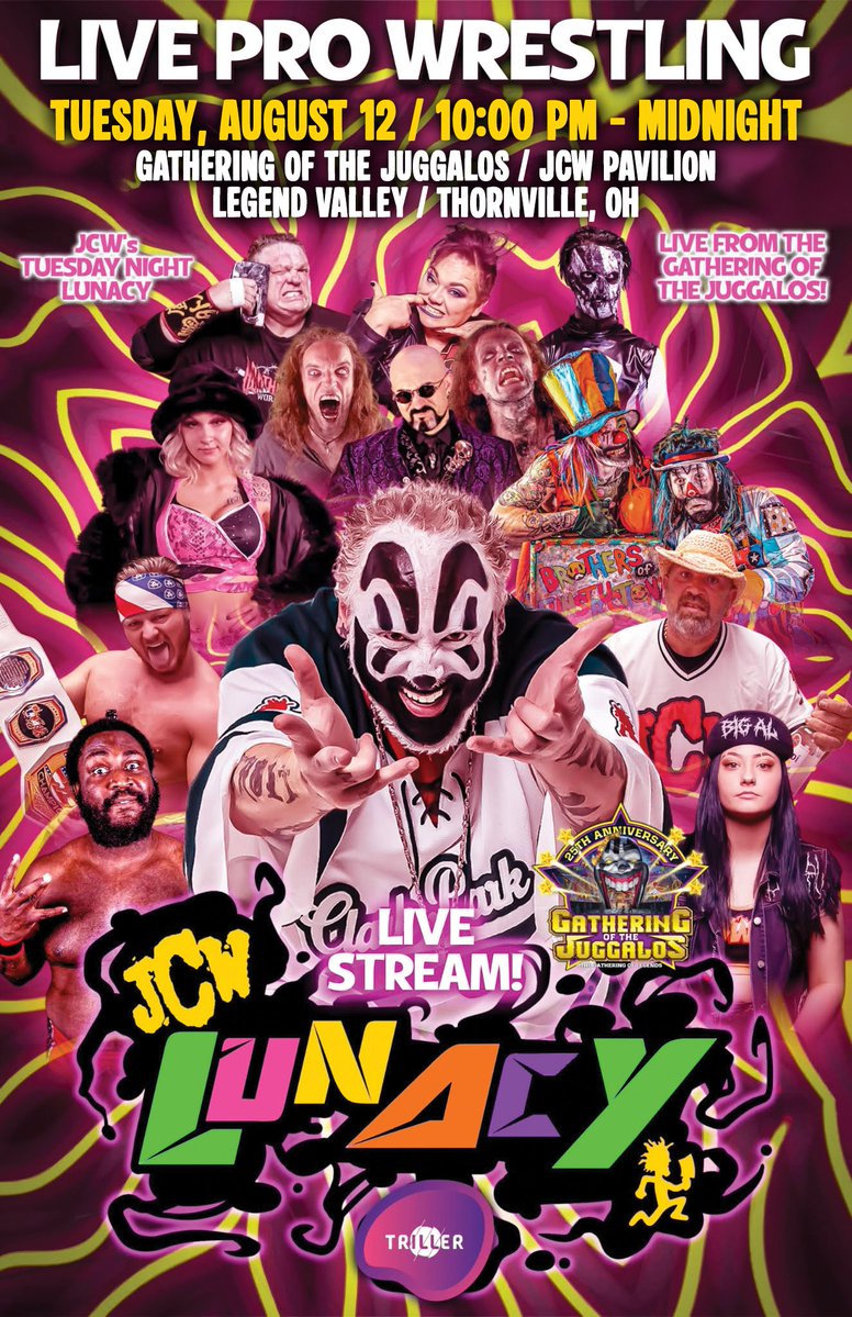 icp's tweet image. 𝗝𝗖𝗪 𝗟𝗨𝗡𝗔𝗖𝗬 𝗟𝗜𝗩𝗘 𝗧𝗨𝗘𝗦𝗗𝗔𝗬 𝗡𝗜𝗚𝗛𝗧 𝗔𝗧 𝗚𝗢𝗧𝗝…𝗔𝗟𝗟 𝗖𝗥𝗔𝗭𝗬 𝗟𝗜𝗞𝗘!!!
Juggalos! Before the festivities officially begin, we're starting The Gathering of the Juggalos 25th Anniversary off with a BANG! Tuesday, August 12, from 10PM to Midnight there…