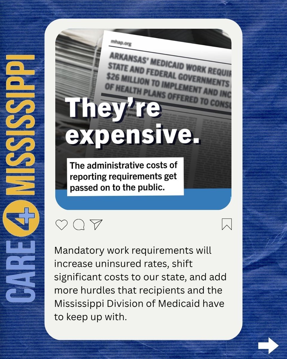 Care4MS's tweet photo. Medicaid expansion is vital for MS — but under the new federal bill, it comes with mandatory work requirements.
That means:
📉 Fewer people covered
💸 Higher state costs
🚫 Gig &amp; low-wage workers at risk
MS needs expansion — not extra barriers. #CloseTheGapMS #workrequirements https://t.co/EgC6KU3Mw1