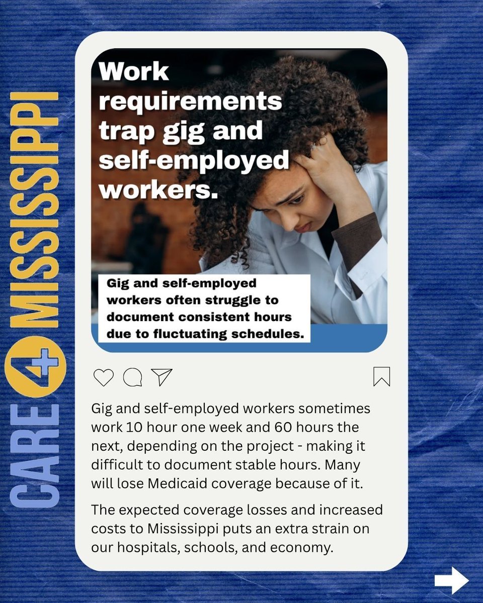 Care4MS's tweet photo. Medicaid expansion is vital for MS — but under the new federal bill, it comes with mandatory work requirements.
That means:
📉 Fewer people covered
💸 Higher state costs
🚫 Gig &amp; low-wage workers at risk
MS needs expansion — not extra barriers. #CloseTheGapMS #workrequirements https://t.co/EgC6KU3Mw1