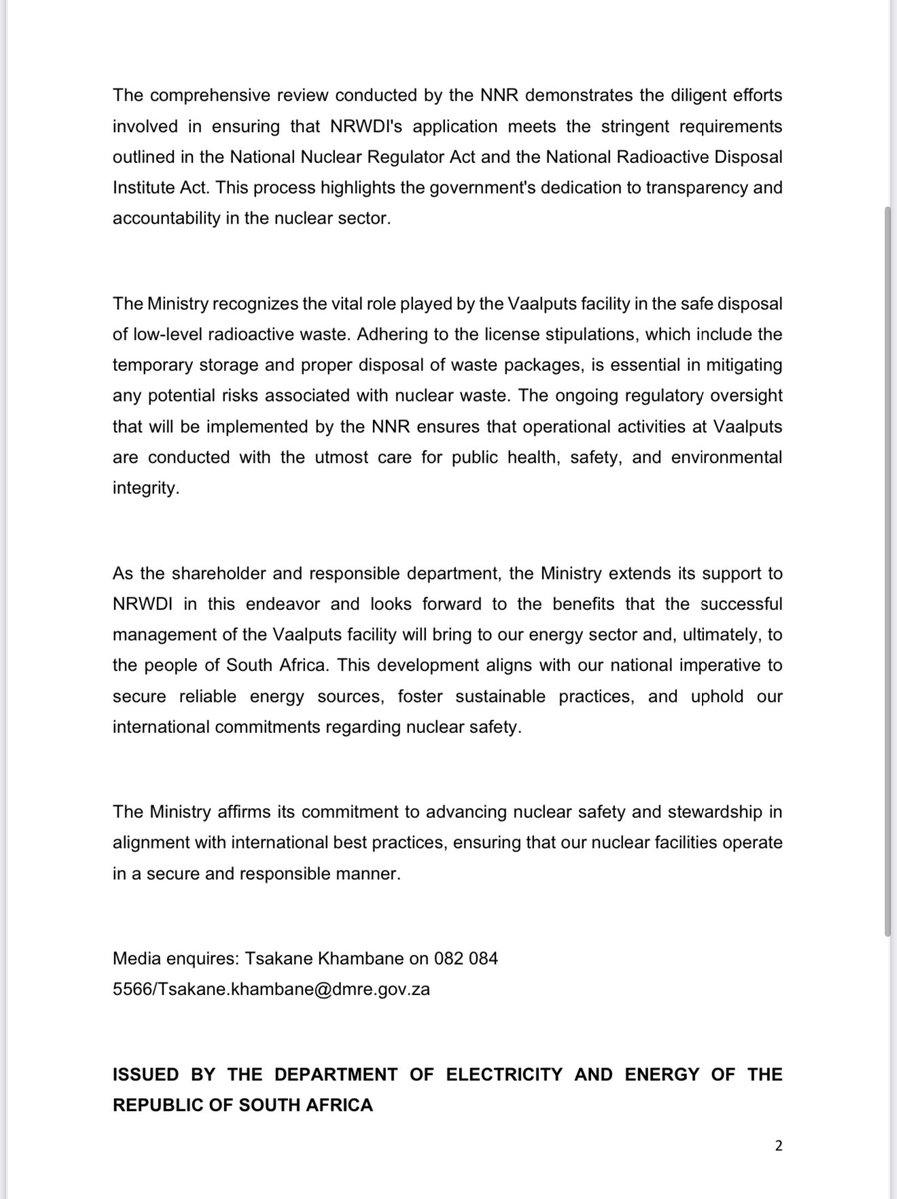 DOEE_ZA's tweet image. THE MINISTRY OF ELECTRICITY AND ENERGY WELCOMES NNR’S GRANTING OF NUCLEAR LICENCE TO NRWDI FOR VALLPUTS FACILITY