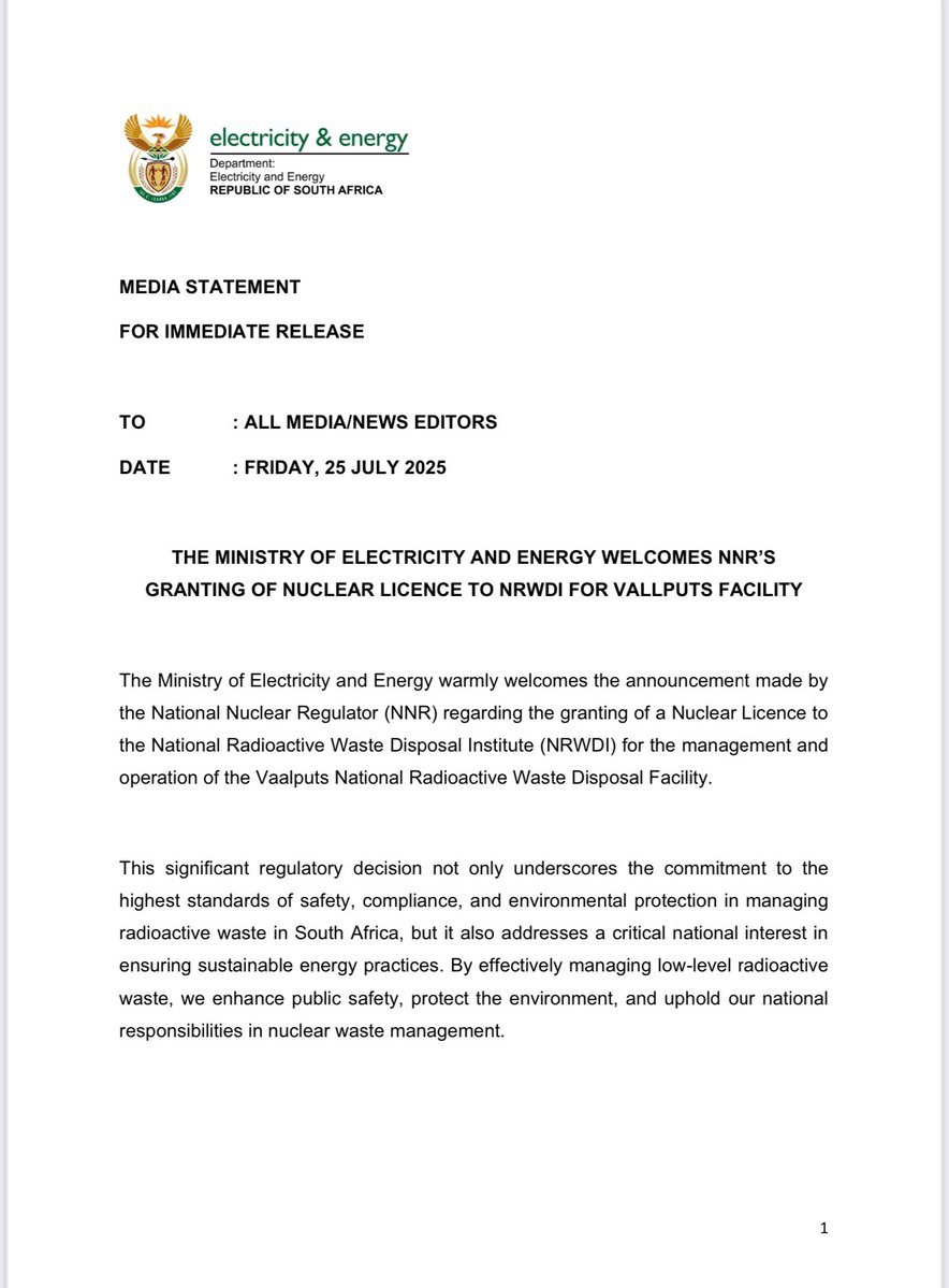 DOEE_ZA's tweet image. THE MINISTRY OF ELECTRICITY AND ENERGY WELCOMES NNR’S GRANTING OF NUCLEAR LICENCE TO NRWDI FOR VALLPUTS FACILITY