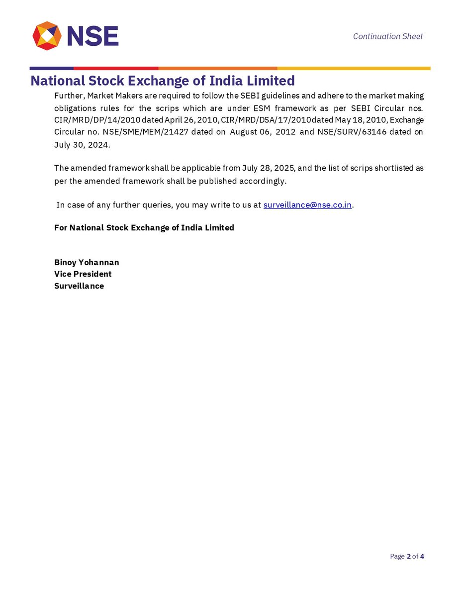 nileshkurhade's tweet image. 📄 National Stock Exchange of India Limited (NSE) revised Enhanced Surveillance Measure (ESM) for companies with market capitalisation less than ₹1,000 crores on July 25, 2025 (NSE/SURV/69315)
🛡️ Purpose: Update and refine the framework for selecting stocks under surveillance…