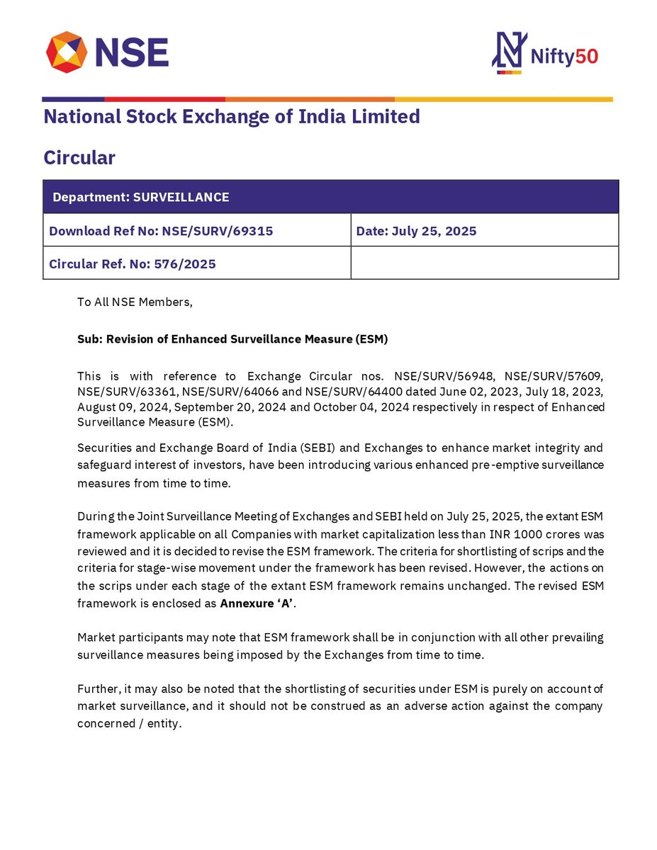 nileshkurhade's tweet image. 📄 National Stock Exchange of India Limited (NSE) revised Enhanced Surveillance Measure (ESM) for companies with market capitalisation less than ₹1,000 crores on July 25, 2025 (NSE/SURV/69315)
🛡️ Purpose: Update and refine the framework for selecting stocks under surveillance…
