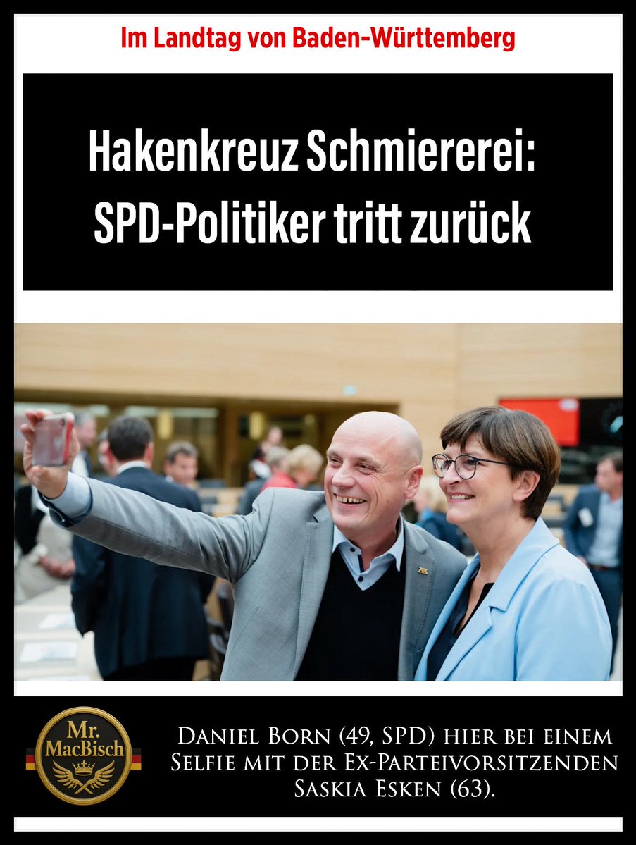 🇩🇪 MacBisch’s Daily News &amp; Talk 🇩🇪

+++ Hakenkreuz Schmiererei: SPD Politiker tritt zurück +++

🇩🇪⚔️🇩🇪⚔️🇩🇪⚔️🇩🇪⚔️🇩🇪⚔️🇩🇪⚔️🇩🇪

Servus Patrioten,

es ist mal wieder unglaublich, da schreit die Landtagspräsidentin Muhterem Aras (59, Grüne) voller Empörung rum und redet von Skandal.