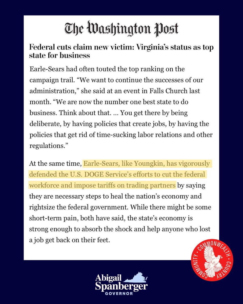 TeamSpanberger's tweet image. If elected, Winsome Earle-Sears will rubber stamp Trump's agenda, threatening our communities across Virginia. washingtonpost.com/dc-md-va/2025/…