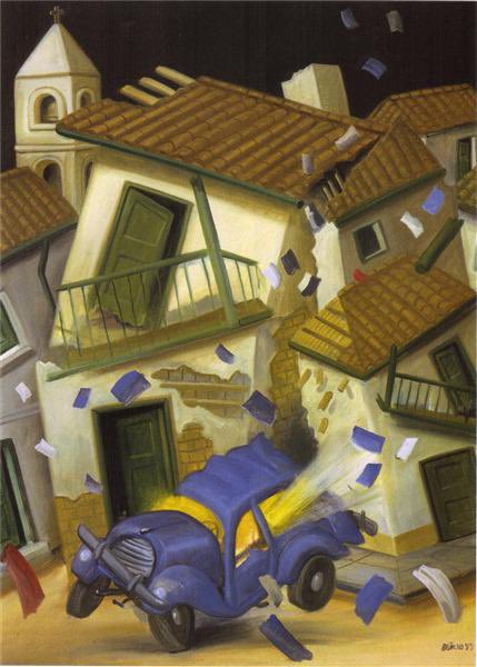 Car Bomb by Botero. Referencing the era of pablo escobar