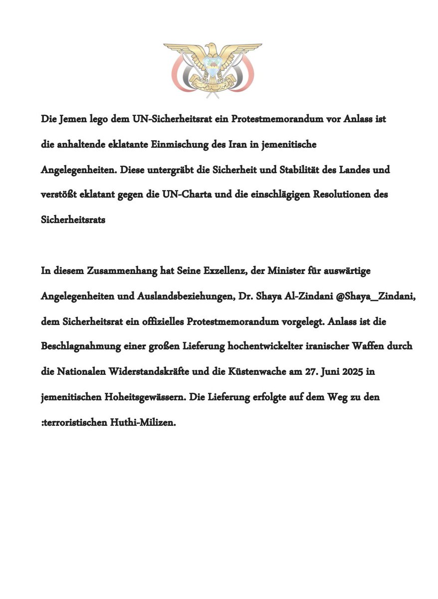 Yemen Embassy Vienna (@viennayemen) on Twitter photo Die Jemen lego dem UN-Sicherheitsrat ein Protestmemorandum vor Anlass ist die anhaltende eklatante Einmischung des Iran in jemenitische Angelegenheiten. <a href="/Shaya_Zindani/">د.شائع الزنداني</a>
<a href="/yemen_mofa/">وزارة خارجية الجمهورية اليمنية</a> Die Jemen lego dem UN-Sicherheitsrat ein Protestmemorandum vor Anlass ist die anhaltende eklatante Einmischung des Iran in jemenitische Angelegenheiten. <a href="/Shaya_Zindani/">د.شائع الزنداني</a>
<a href="/yemen_mofa/">وزارة خارجية الجمهورية اليمنية</a>