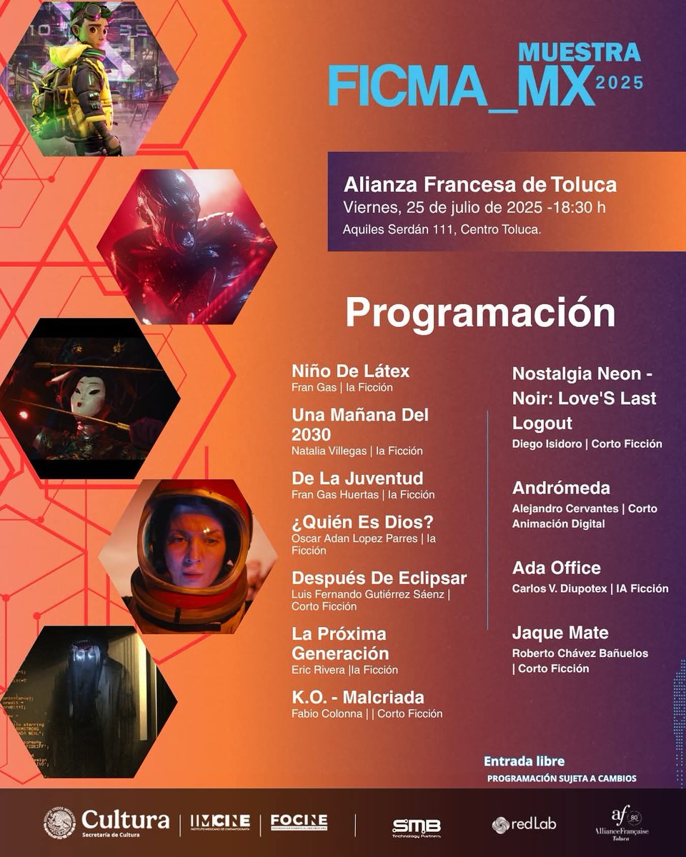 #EdoMéx
Hoy, en la Alianza Francesa de 
Toluca, se llevará a cabo una función especial de la Muestra <a href="/ficmafest/">Festival FICMA</a>. 📽️🔥 ¡No faltes! 

🗓️ Viernes 25 de julio
🕡 18:30 horas
🎟️ Entrada gratuita
