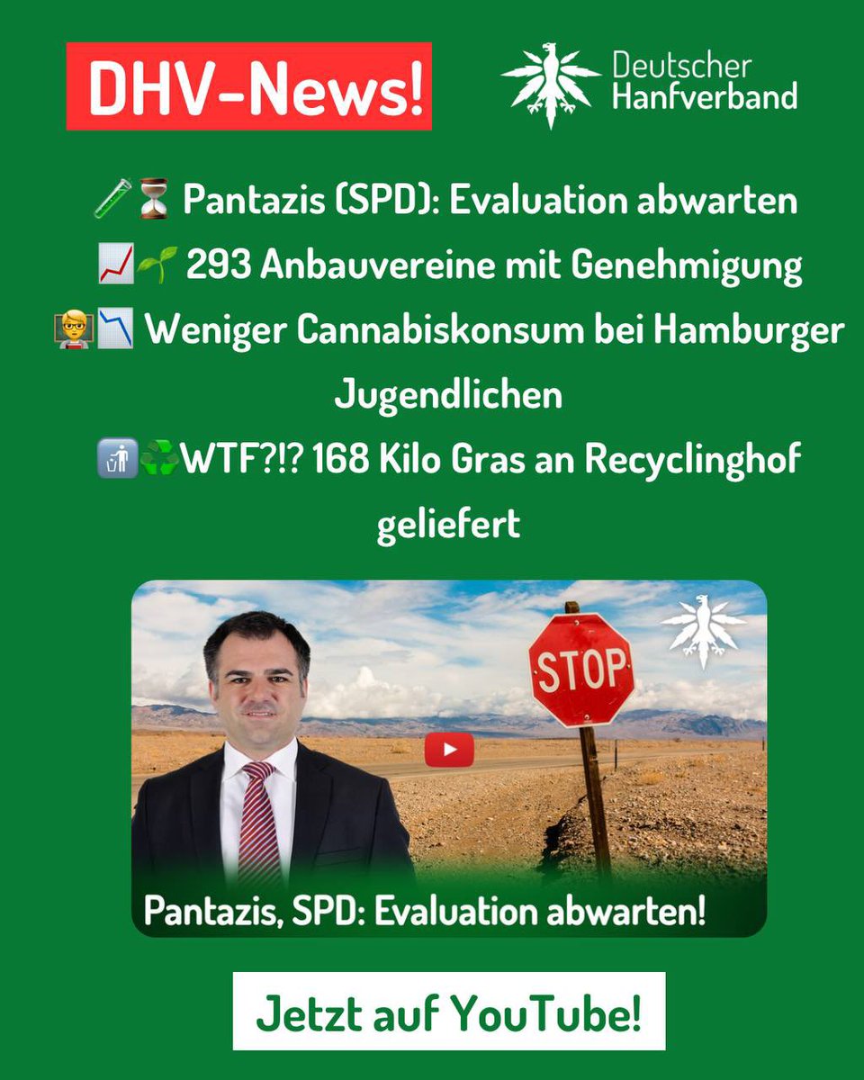 hanfverband's tweet image. 🧪⏳ Pantazis (SPD): Evaluation abwarten statt Warken-Gesetz
📈🌱 293 Anbauvereine mit Genehmigung
🧑🏫📉 Weniger Cannabiskonsum bei Hamburger Jugendlichen
🚮♻️WTF?!? 168 Kilo Gras an Recyclinghof geliefert
➡️ Die DHV-News vom 25.07.: youtu.be/WPMCDp4pKCA