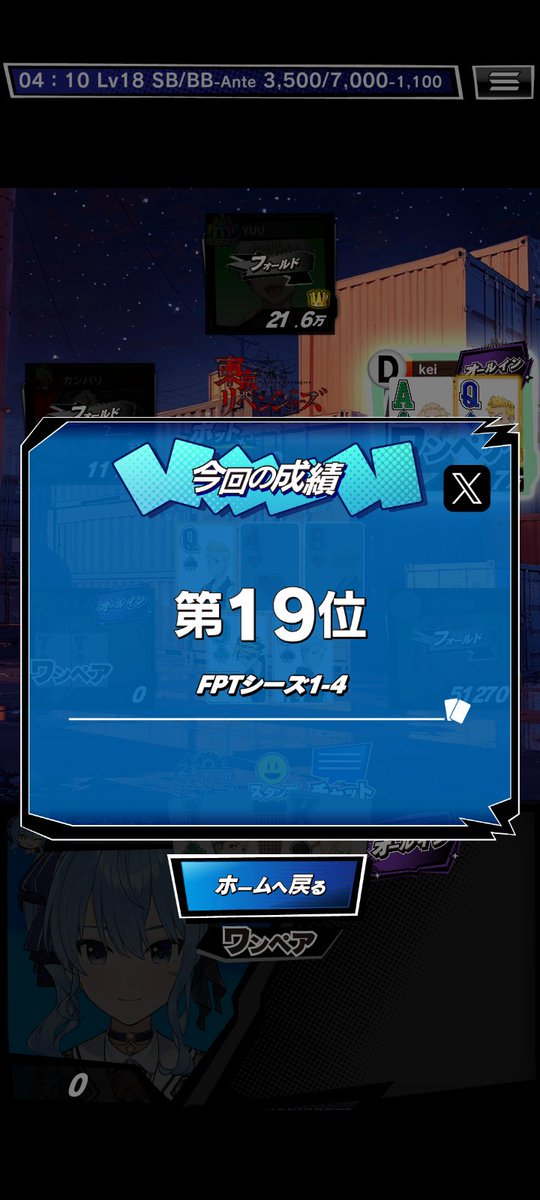 t_mizuya's tweet image. \mHOLD'EMでトーナメントに参加/
FPTシーズ1-4
第19位
■mHOLD'EMはこちら!
mpj-portal.jp/game/
#mHOLDEM #エムホールデム
ハンド来なくて粘り続けたけど、力尽きる…!
