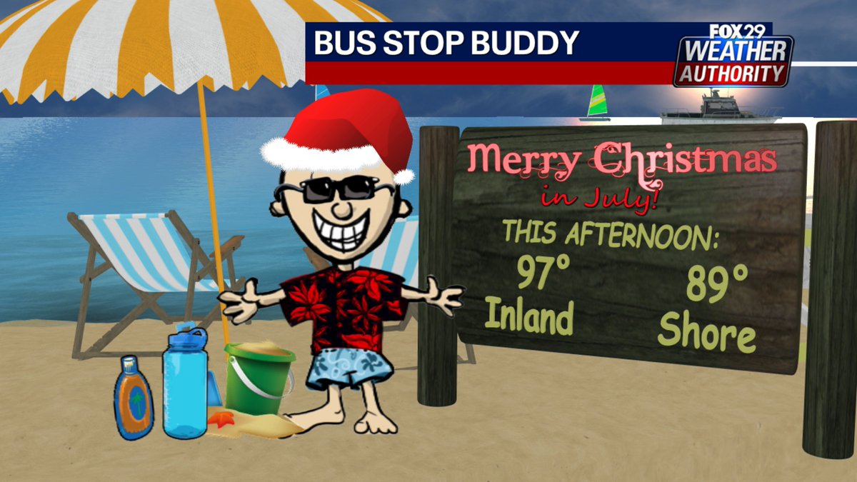 SueSerioFox29's tweet image. Bus Stop Buddy is at the beach wishing you a Merry Christmas In July! Couldn't feel further from December weather. High of 97-degrees inland. Around 90 down the shore. Thanks to humidity, it'll feel much hotter: like 105! Keep cool & have a great weekend! @fox29philly