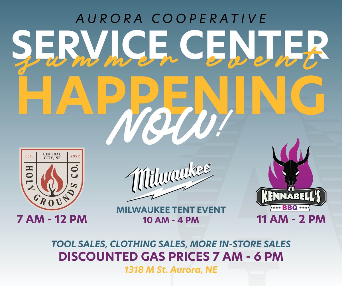 HAPPENING NOW🎉 

The Aurora Service Center is hosting a Summer Event including a Milwaukee Tools Tent Event, gas discounts, huge in-store sales, Holy Grounds coffee, and Kennabell's BBQ Truck. Come on down and start saving now!