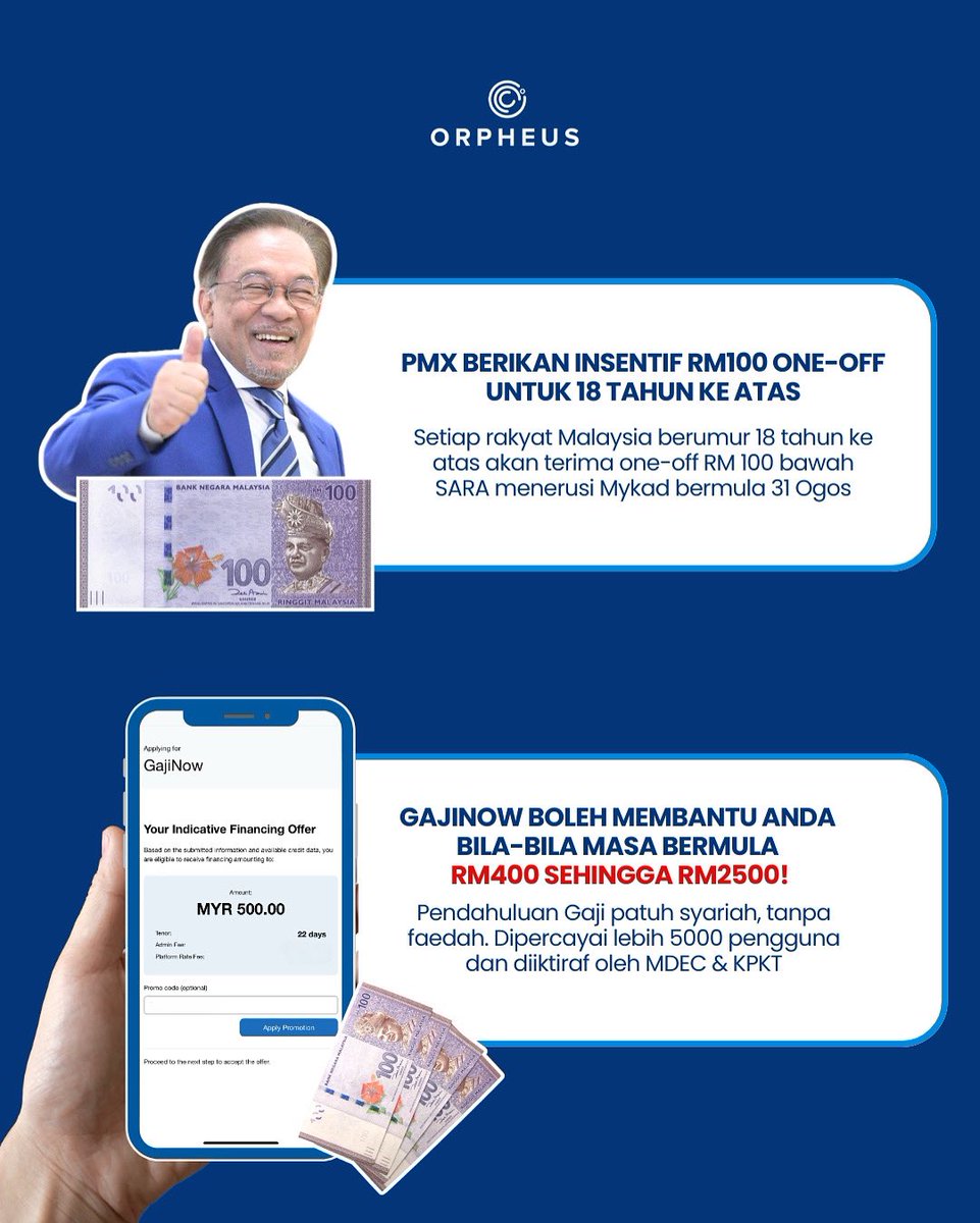 orpheuscapital's tweet image. Kalau RM100 tak cukup.. GajiNow ada boleh membantu sehingga RM2500 🥹🫶 #gajinow #rm100 #sara