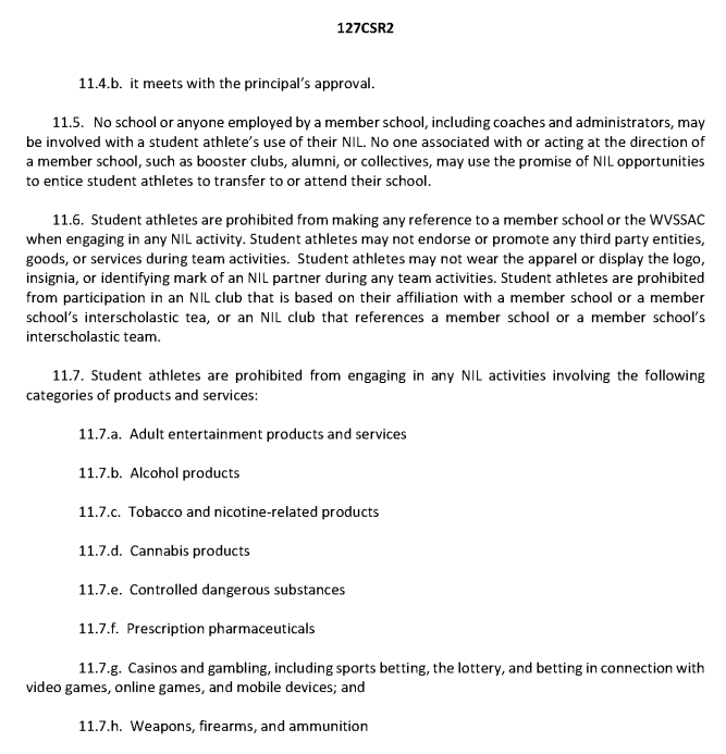 High School #NIL is officially coming to West Virginia on August 8, 2025 with the state Board of Education approving Item I (WVSSAC, Series 2) at a meeting earlier this month. The amended rule is posted on the West Virginia Secretary of State’s website: apps.sos.wv.gov/adlaw/csr/read…