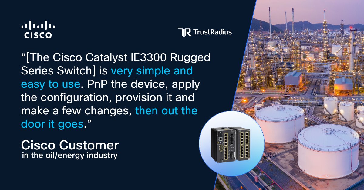 CiscoIIoT's tweet image. Discover why everyone is talking about the Cisco Catalyst IE3300 Rugged Series Switches! Get secure, reliable connectivity that's easy to deploy and built to perform, no matter the environment. 💪 Learn more: cs.co/6010fzob4
#IndustrialSwitching #IndustrialAI #OTSecurity