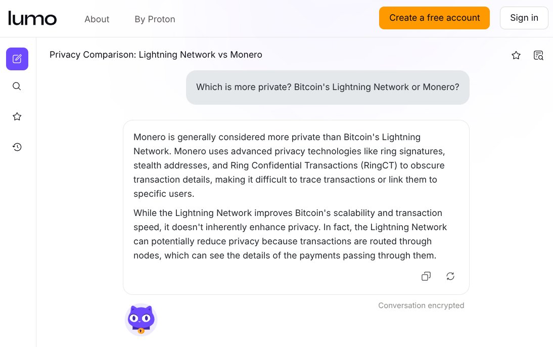 OrangeFren's tweet image. ‼️Proton's new privacy-first AI Lumo (@asklumo) says Monero has better privacy than Lightning⚡️ which "doesn't inherently enhance privacy"