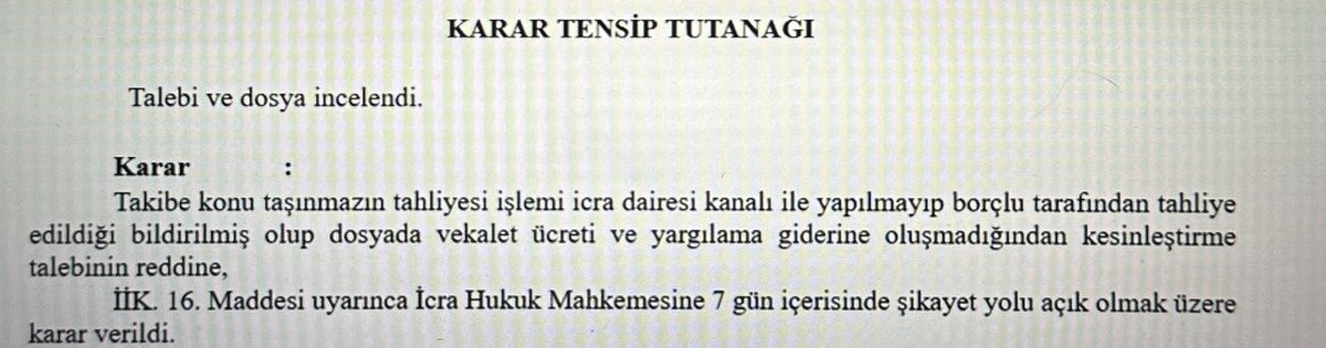 afrashii's tweet photo. merhaba, tahliye taahhüdüne dayanan icra takibinde icra emri tebliğ edildikten sonra 15 günlük süre dolmadan borçlu taşınmazı teslim etti. icra dairesi de vekalet ücreti ve yargılama gideri olmadığına karar verdi aşağıdaki şekilde. şikayetten sonuç olur mu, https://t.co/Jqsu2Wz9Sn