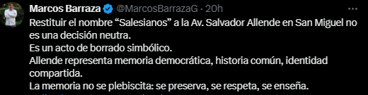 Se equivoca compañero @marcosbarrazag. Hacer una consulta sobre reponer el nombre "Salesianos" en San Miguel es un acto democrático, que preserva la memoria local, la historia e identidad de la comuna. No me extraña, igual que en la Convención, el partido comunista solo cree y