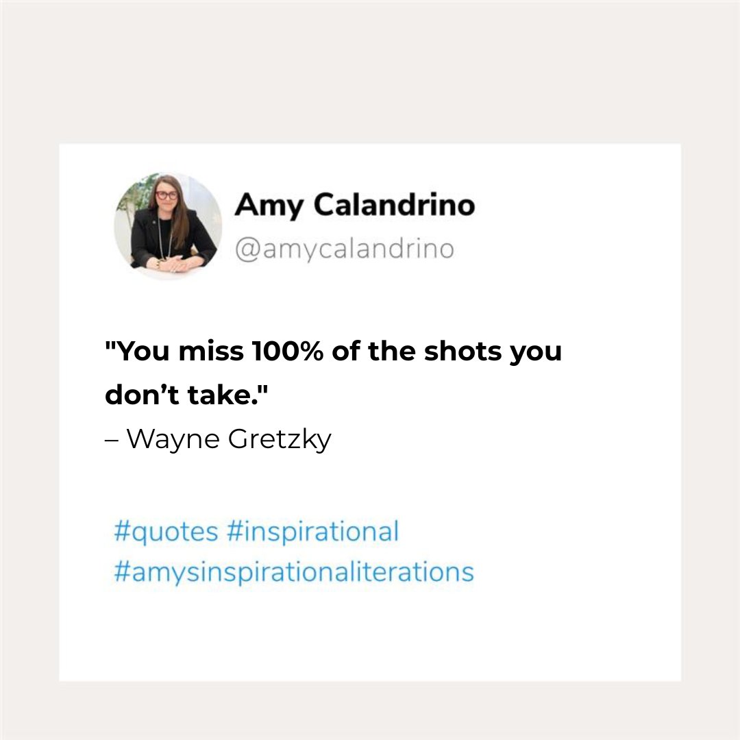 amycalandrino's tweet image. Don't let fear of missing hold you back, take the shot.
You never know what doors open when you simply go for it.
#MotivationMonday #TakeTheShot #WayneGretzkyQuote #AmysInspirationalIterations #LeadershipMindset #BoldMoves