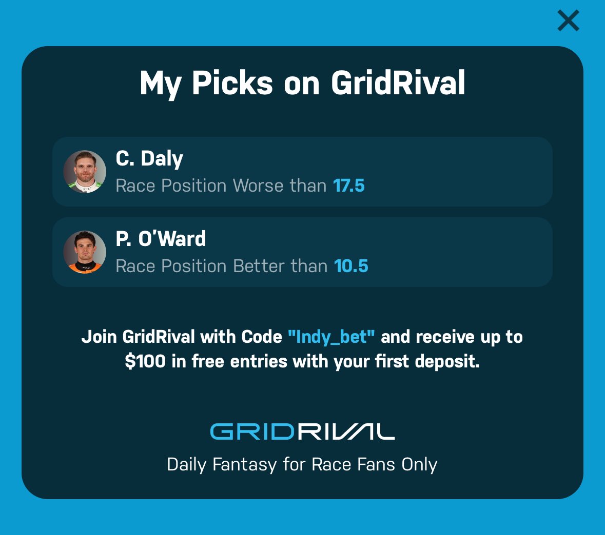 ⁦<a href="/GridRival/">GridRival</a>⁩  with some good promos running for ⁦<a href="/IndyCar/">NTT INDYCAR SERIES</a>⁩ !! Get it!