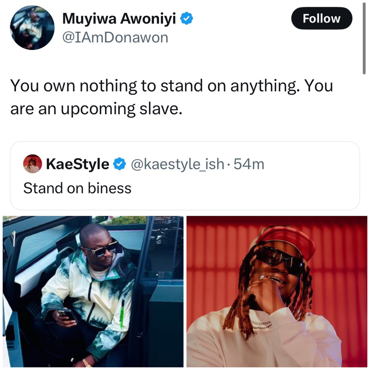 HipTv's tweet image. “You were sacked” — Kaestyle shades Omah Lay’s ex-manager.
Muyiwa claps back: “I got him out of the slave deal you signed. Now he’s free. You? Still a slave.” 💀
