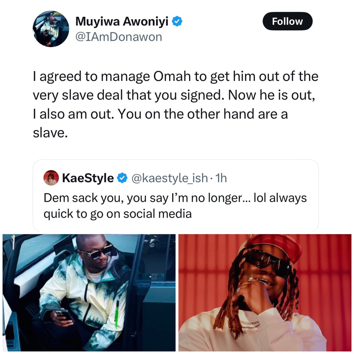HipTv's tweet image. “You were sacked” — Kaestyle shades Omah Lay’s ex-manager.
Muyiwa claps back: “I got him out of the slave deal you signed. Now he’s free. You? Still a slave.” 💀