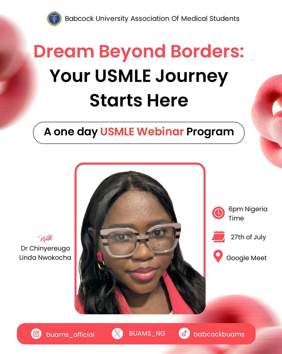 BUAMS_NG's tweet image. Have you had questions about what exactly is required to MATCH into a residency program in the US?
Do you want to know what STEPS you can take as a student towards achieving this goal?
Then you donโt want to miss this webinar!
๐27th July 2025
๐ง6pm