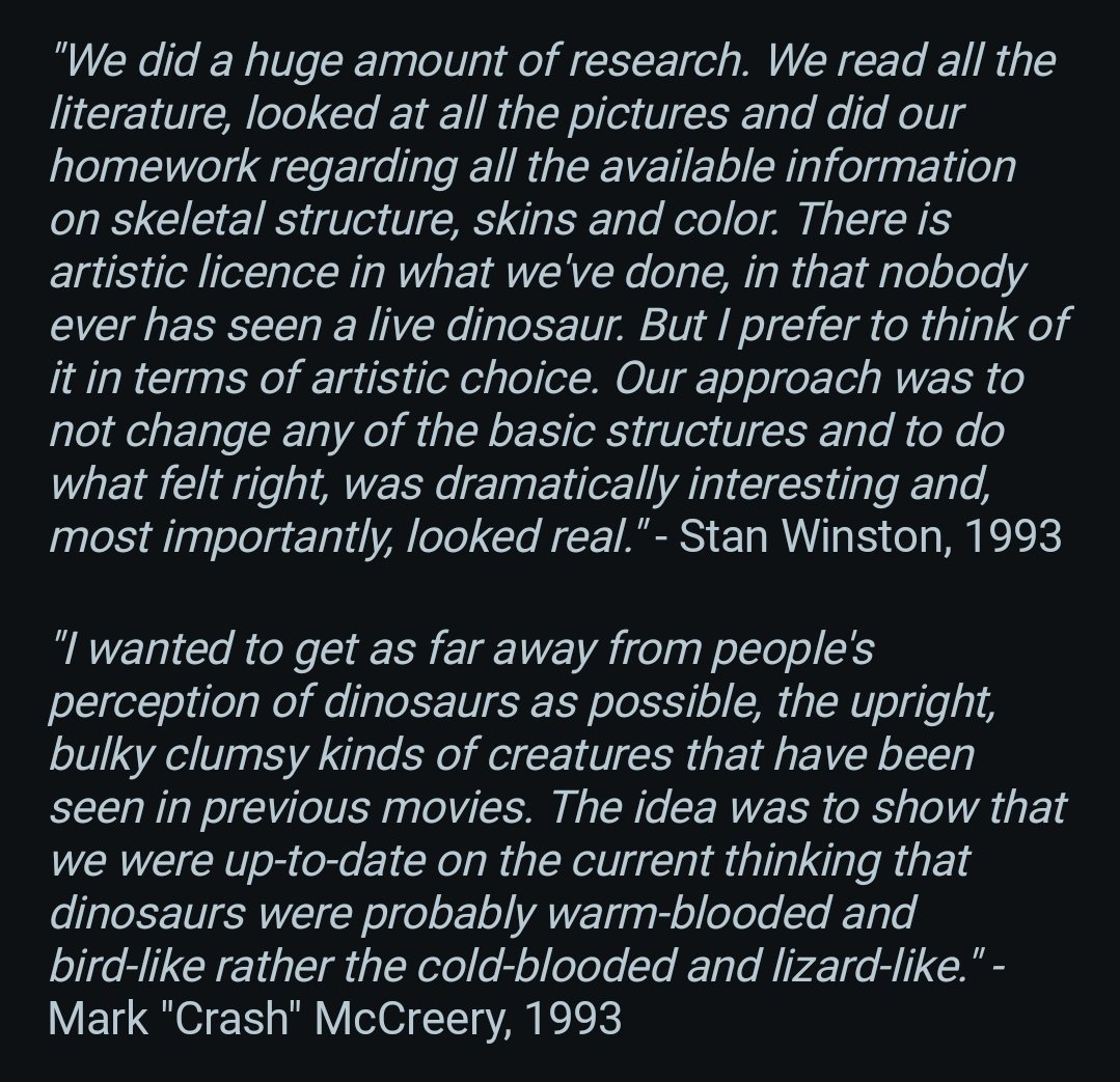 The original movie strived for accuracy with creative liberties, Stan winston and Mark Mcreery said so themselves, we need to drown out this thought process that accuracy was never a factor in the creation of Jurassic park