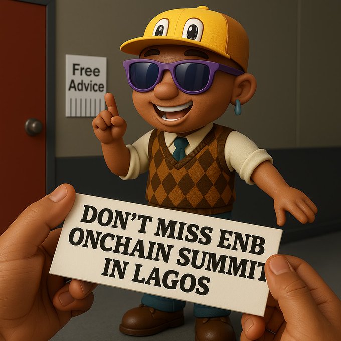 ‘Don't Miss ENB Onchain Summit in Lagos’라고 쓰인 팻말을 든 만화 캐릭터