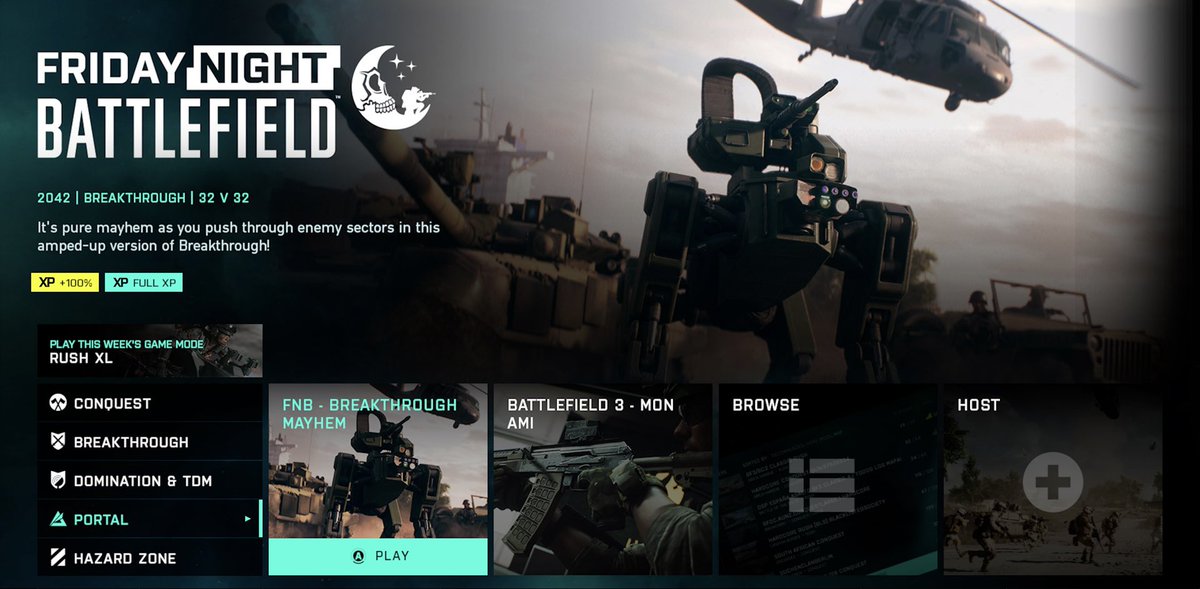 #FridayNightBattlefield 

Join us on FNB via the main menu of Battlefield 2042. Servers offer full progression and experience. Take part in the community chat or squad up with others.

💥BREAKTHROUGH MAYHEM
Event starts:
EU: 09:30 PM UTC+1
NA: 08:00 PM EDT
