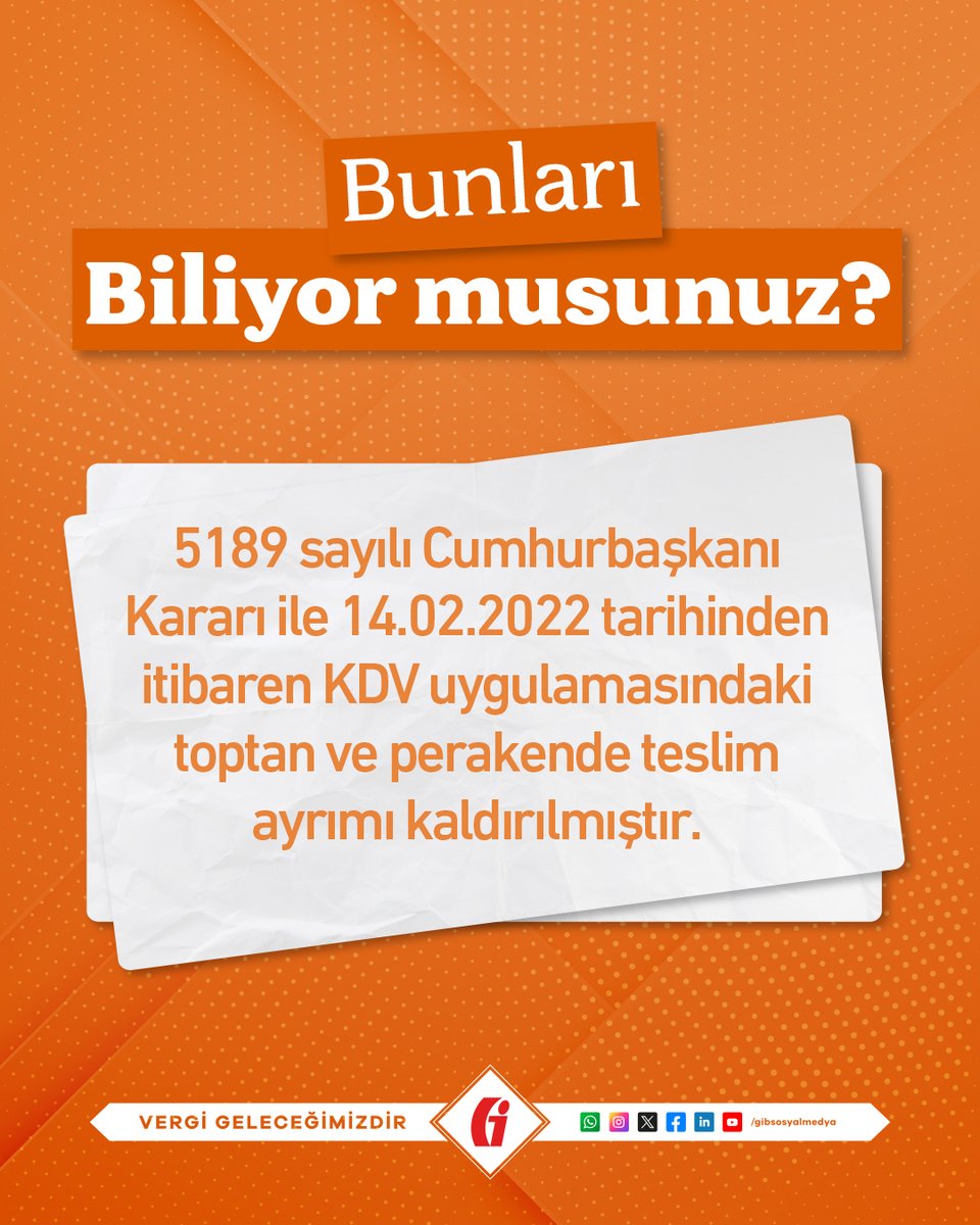 🤔  #BunlarıBiliyormusunuz

5189 sayılı Cumhurbaşkanı Kararı ile 14.02.2022 tarihinden itibaren KDV uygulamasındaki toptan ve perakende teslim ayrımı kaldırılmıştır.

#GİB #VergiGeleceğimizdir