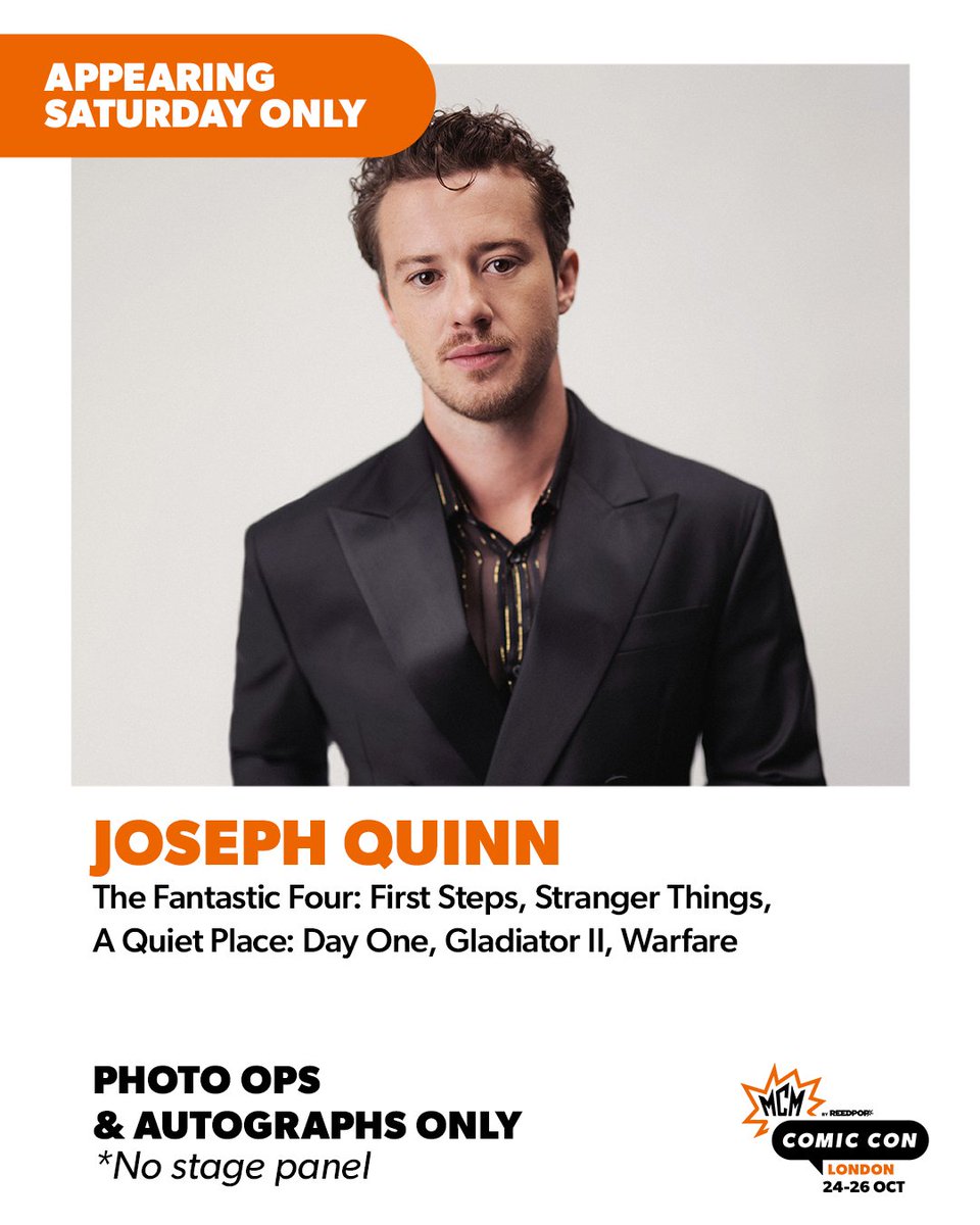 MCMComicCon's tweet photo. Flame on, London! #FantasticFour star Joseph Quinn is heading to MCM London!! 🎉

You can meet the Stranger Things star on the show floor next to the guest area for autographs and photo ops on Saturday 25 October. https://t.co/pZ3dXuBb6p