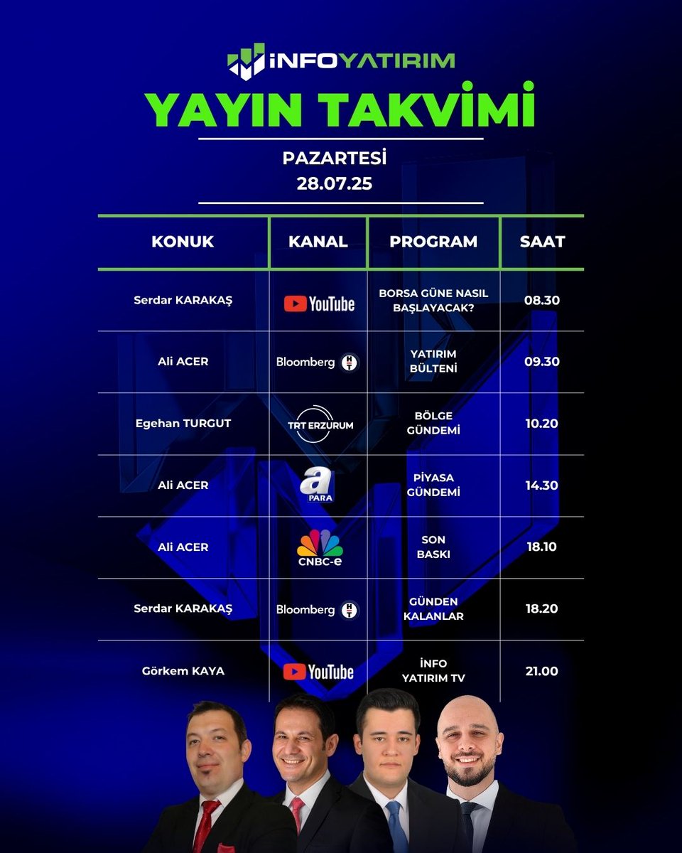 İnfo Yatırım Menkul Değerler (@infoyatirim) on Twitter photo 28 Temmuz Pazartesi | Canlı Yayın Takvimi
<a href="/serdarkkas/">Serdar Karakaş</a> , <a href="/fx_trader__/">ALİ ACER - Exitus</a> , <a href="/egehan_turgut/">Egehan Turgut</a> , <a href="/kayagorkm/">Gorkem Kaya</a> 28 Temmuz Pazartesi | Canlı Yayın Takvimi
<a href="/serdarkkas/">Serdar Karakaş</a> , <a href="/fx_trader__/">ALİ ACER - Exitus</a> , <a href="/egehan_turgut/">Egehan Turgut</a> , <a href="/kayagorkm/">Gorkem Kaya</a>