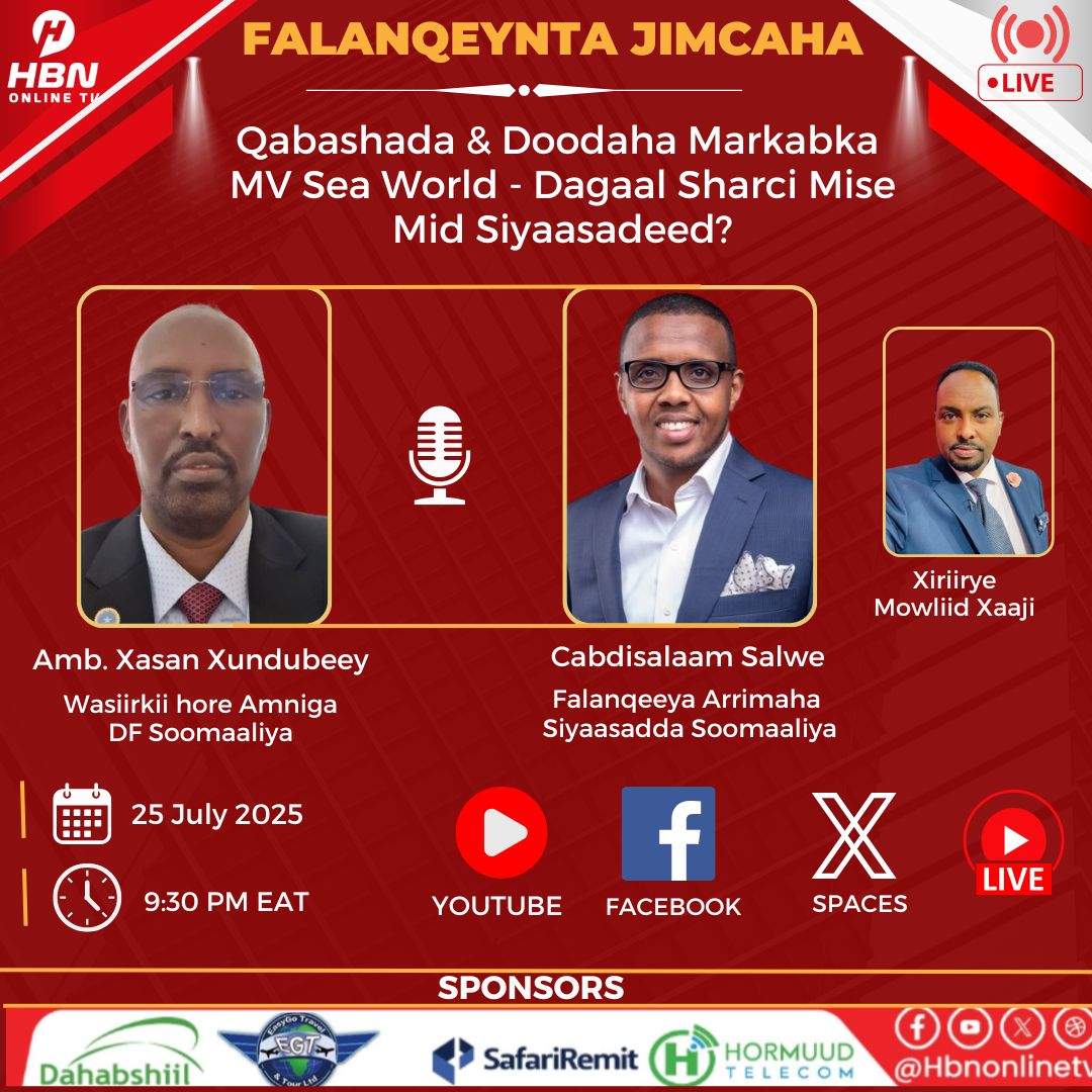 HBNonlineTV's tweet image. Barnaamijka Falanqeynta Jimcaha ee @HBNOnlineTV
todobaadkan waxaan ku gorfeyn doonnaa Qabashada & Doodaha Markabka MV Sea World - Dagaal Sharci Mise Mid Siyaasadeed? waxaa inoogu marti ah @ASalwe oo Falanqeeya Arrimaha Siyaasadda Soomaaliya & @hhundubey, Wasiirkii Hore ee Amniga…