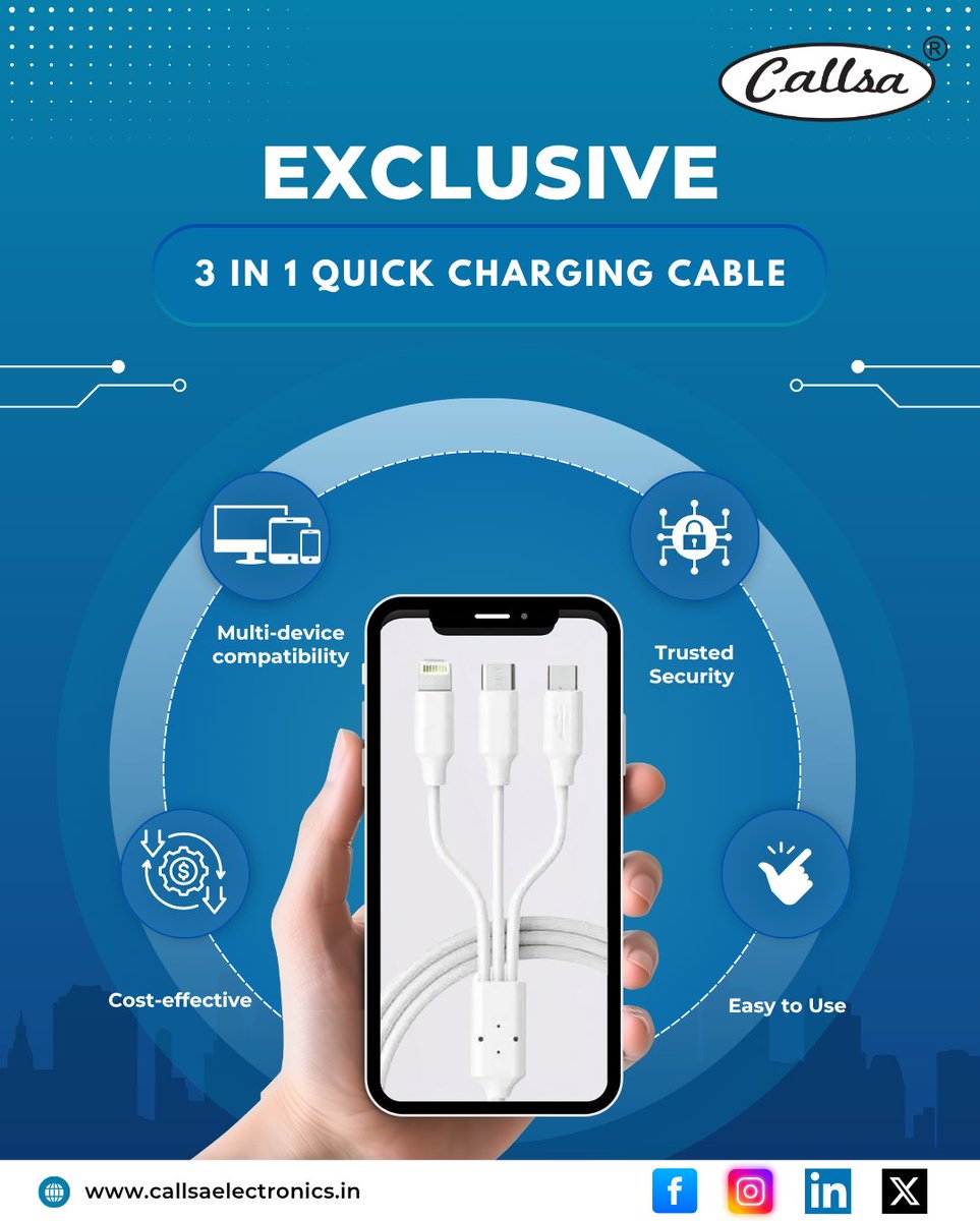 callsaelctronic's tweet image. ✨Introducing our 3-in-1 Quick Charging Cable
Multi-device compatibility Lightning, Micro-USB &amp;amp; Type-C Trusted security, safe &amp;amp; reliable charging
Cost-effective One cable for all your devices
Order now callsaelectronics.in
#callsa #3in1Cable #quickcharge #callsaelectronics